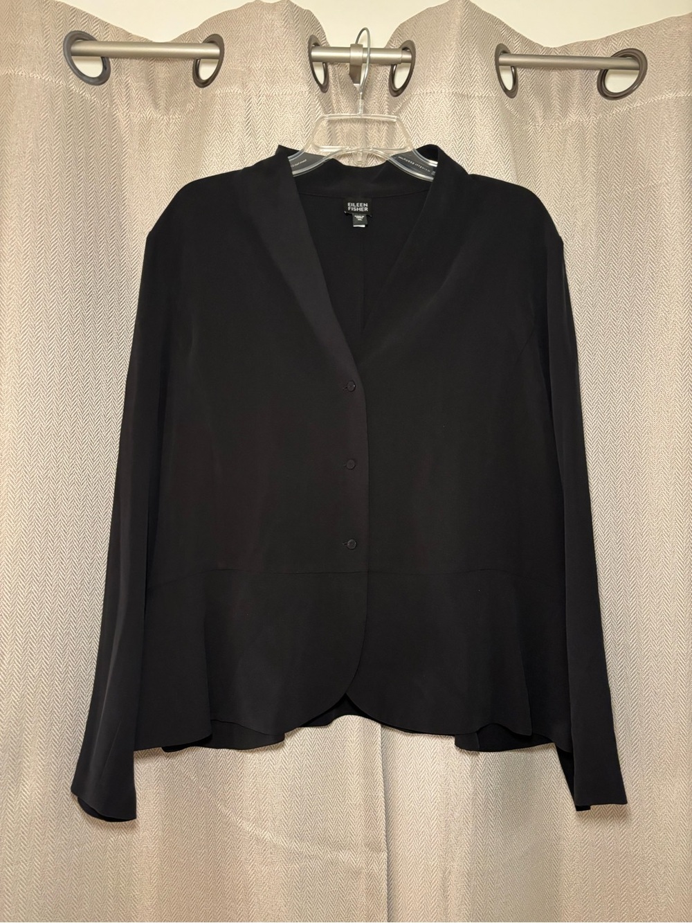 Eileen Fisher 100% Silk Black Button Front Peplum Jacket Button down Blazer